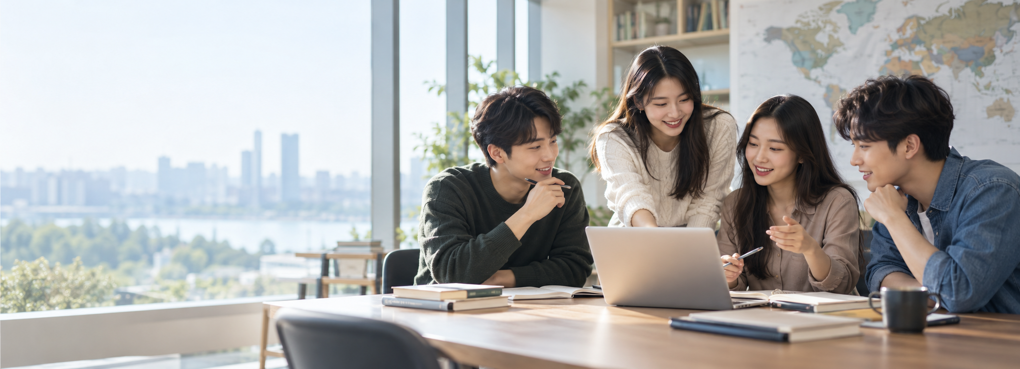 노트북을 보며 학습과 진로에 대해 함께 이야기하는 학생들